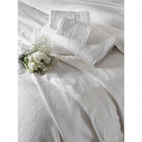 Набор постельное белье жаккардовый сатин с покрывалом и полотенцами Tac - Clodia ekru евро