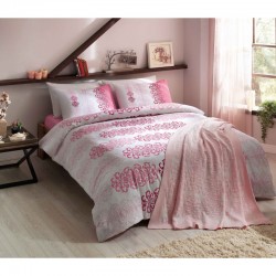 Набор постельного белья TAC ранфорс + плед вязанный Triko - Despina розовый V2 евро