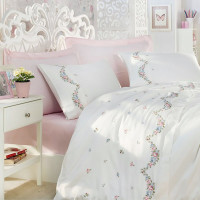 Постільна білизна Dantela Vita сатин із вишивкою — Lara krem кремовий євро